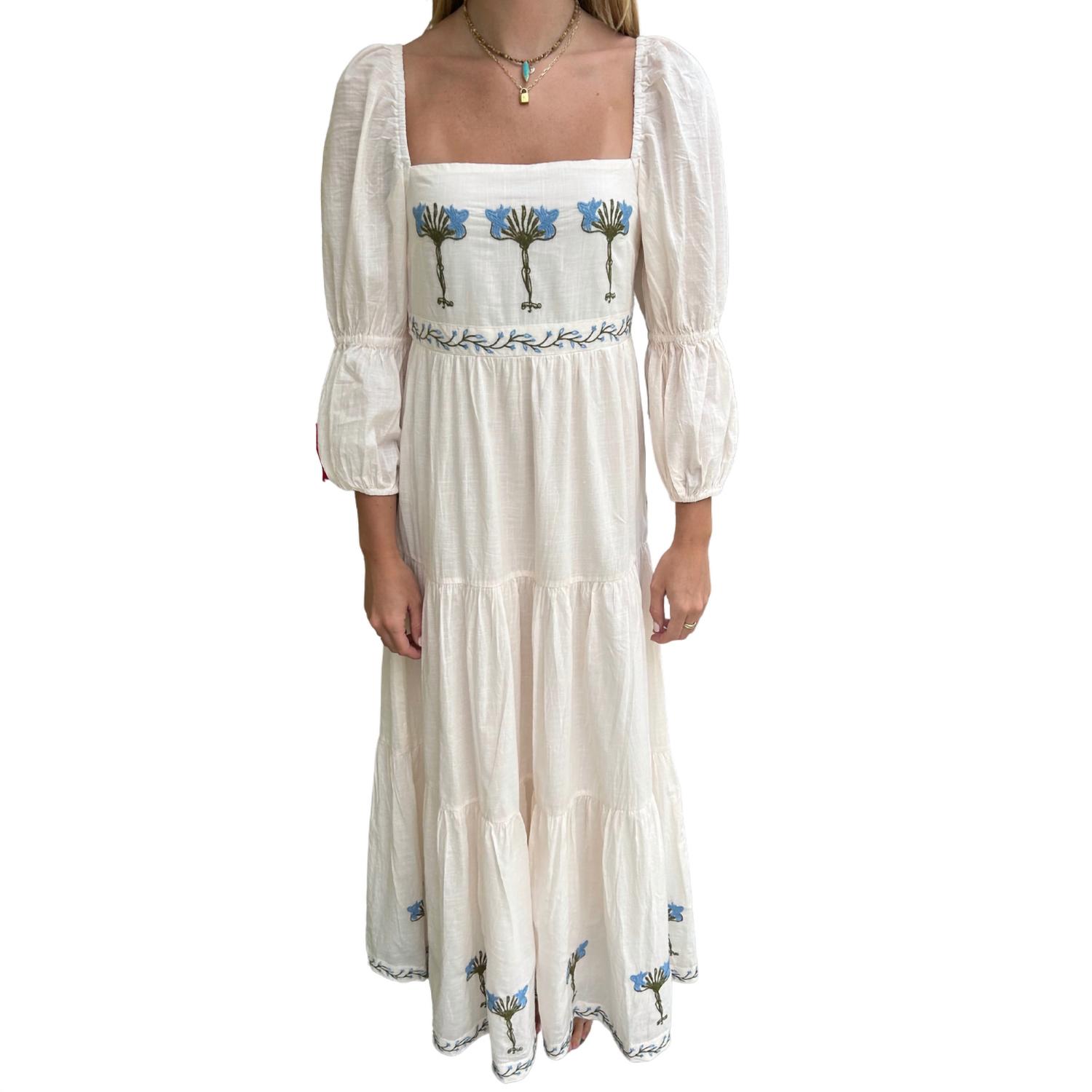 New Anna Cate Scarlet Maxi Dress In Ivory And Blue Embroidery